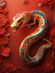 Obraz premium Chinese New Year snake illustration in vibrant colors with intricate details and festive atmosphere symbol of luck and prosperity.
