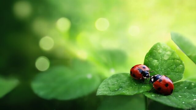 Serene closeup of two red ladybugs on a leaf in a garden setting with blurred green foliage in the background.