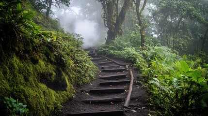 Misty Forest Trail: A Serene Jungle Stairway to Tranquility