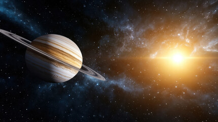stunning view of Jupiter with its rings, illuminated by distant sun