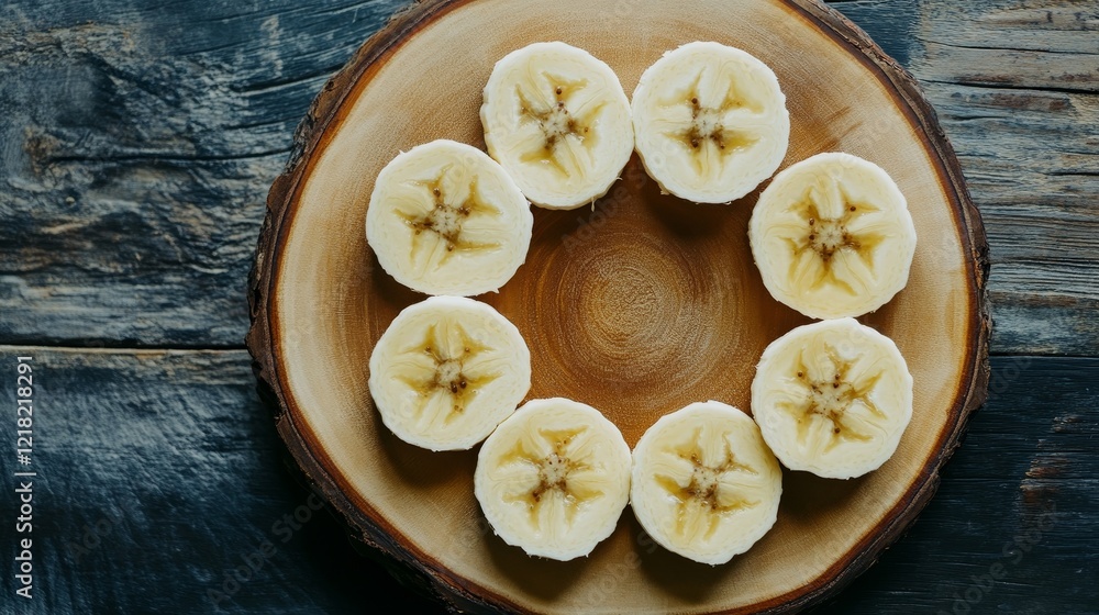 Poster freshly cut banana slices arranged in a circular pattern on a rustic wooden plate surrounded by natu