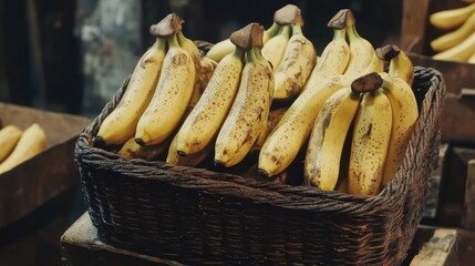 Freshly Harvested Bananas in a Rustic Basket Displayed at a Local Market, Highlighting Natural Ripening and Textural Contrast of Yellow Fruit