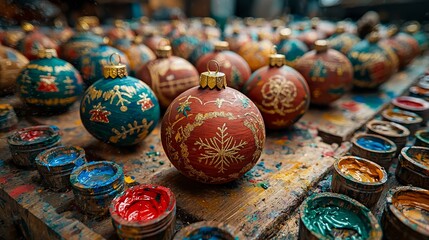 Fototapeta premium Decorating handmade christmas ornaments craft studio art photography cozy environment close-up view holiday spirit