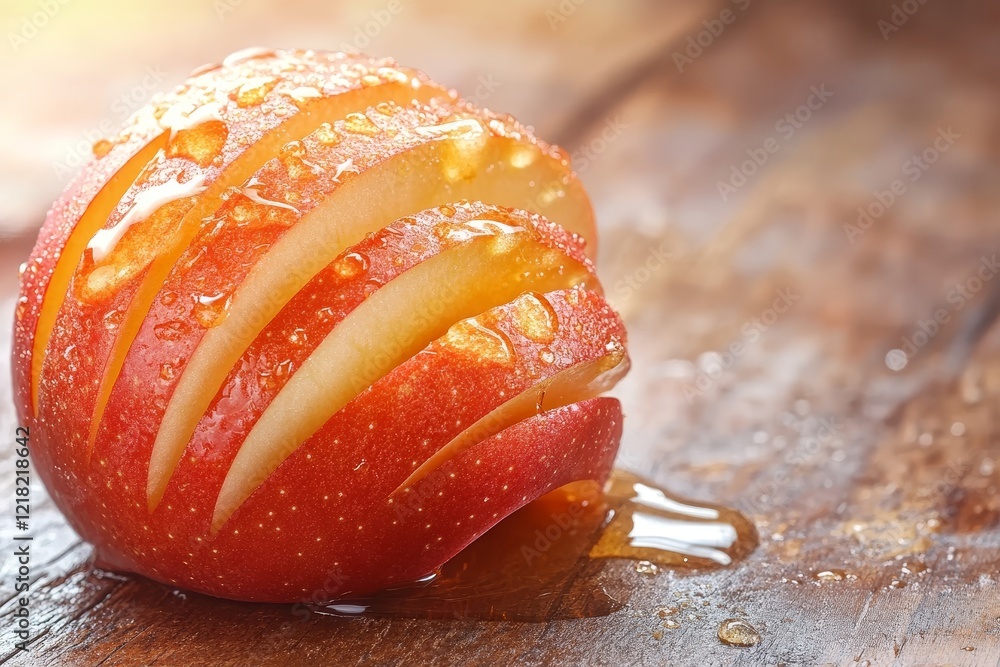 Poster freshly sliced red apple on wooden surface with droplets of water creating a refreshing and appetizi