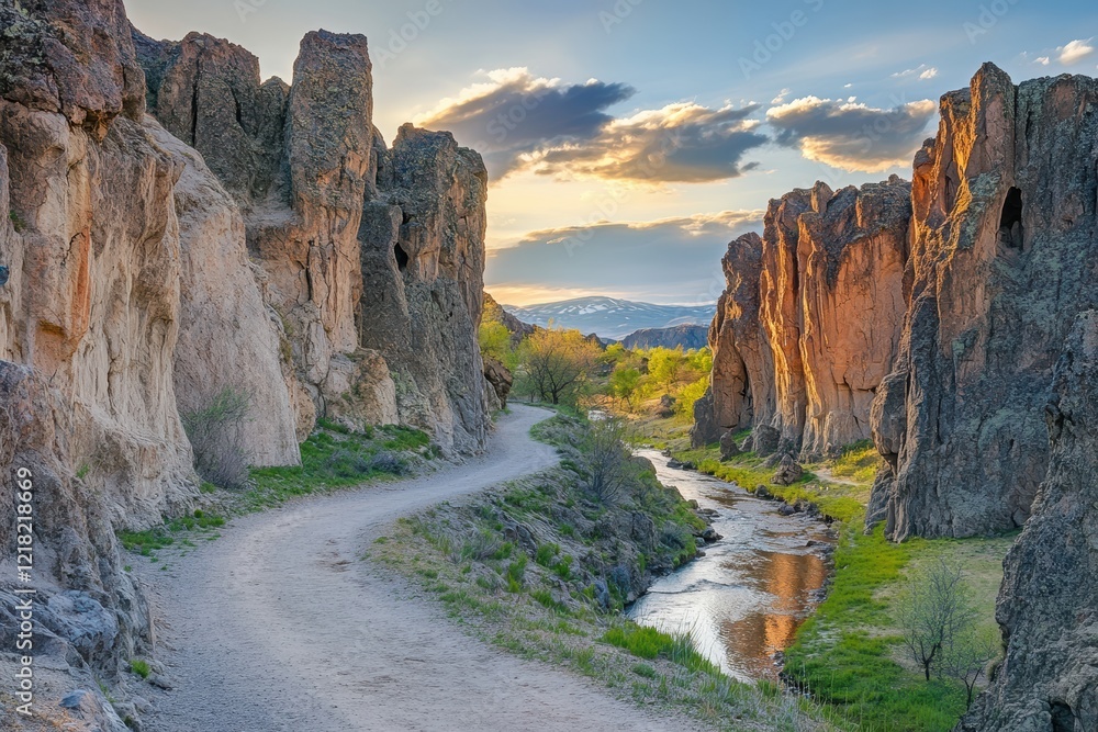 Poster a stunning landscape showcasing a winding path along a river surrounded by majestic cliffs under a v