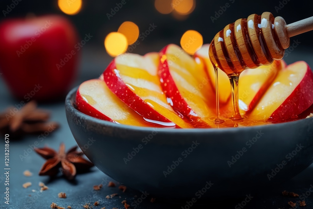 Poster freshly sliced red apples drizzled with golden honey in a rustic bowl surrounded by warm bokeh light