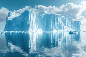 A stunning iceberg floating in clear blue water, reflecting against a cloud-filled sky, showcasing the beauty and fragility of natural landscapes.