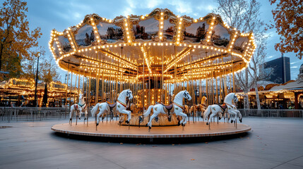 haunted carousel with ghostly horses illuminated by lights