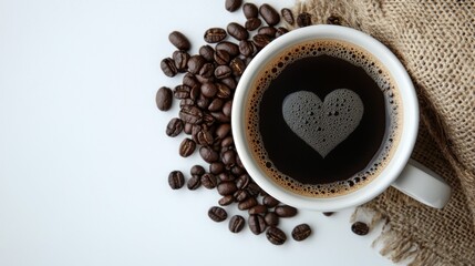 Naklejka premium 104.A close-up view of a white ceramic mug filled with black coffee featuring a perfectly formed heart-shaped foam, surrounded by a rustic burlap sack spilling fresh coffee beans onto a pristine