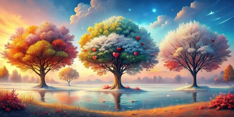 Serene Landscape Featuring Three Majestic Trees Displaying the Vibrant Hues of Autumn, Winter, and Spring, Adorned with Floating Hearts, Reflecting in a Calm Lake at Sunset