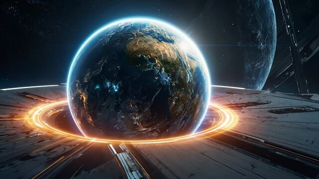Earth in space station, futuristic background, science fiction scene, space exploration concept