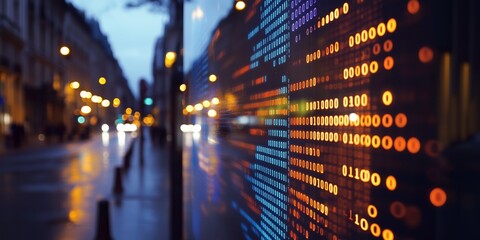 Night City Data Stream: Abstract urban scene at night, with blurred city lights and a vibrant digital data stream displayed on a large screen, creating a dynamic and futuristic feel. 