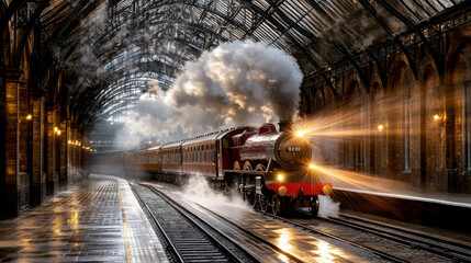 Obraz premium historic steam engine with billowing smoke in grand station