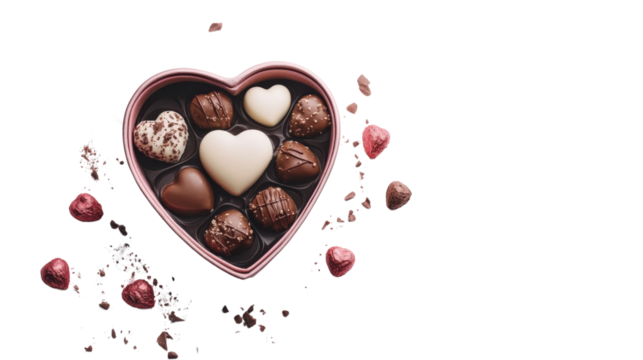 Heart shaped chocolate box with assorted chocolates on transparent background