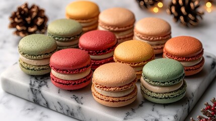 Obraz premium Colorful macarons display bakery food photography elegant setting close-up view culinary delight