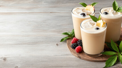 Creamy milk tea drinks with ice, garnished with fruits and mint leaves
