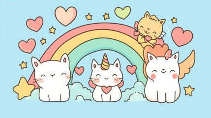 Obraz premium 27.A kawaii-inspired collection of outlined illustrations including a unicorn with a heart-shaped mane, a happy cupid holding a bow, cats entwined with hearts, and a bold rainbow arch.