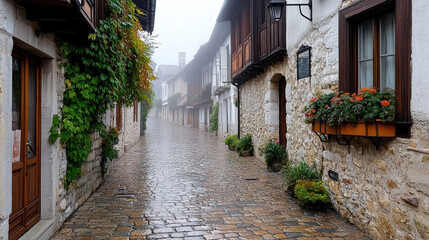 Obraz premium misty morning in small town with old lampposts and cobblestone streets