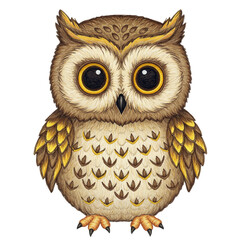 Naklejka premium Adorable Baby Owl Illustration Brown Gold Feathers Cute Bird Wildlife Animal art eyes beak night 