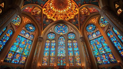Fototapeta premium Majestic stained glass windows illuminate a grand architectural interior