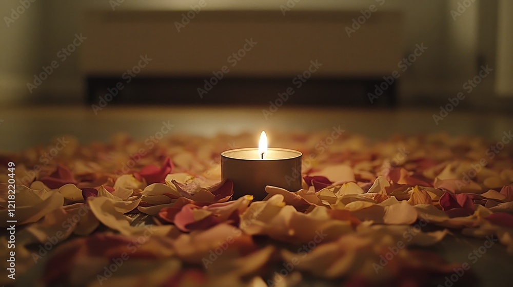 Poster romantic candlelight setting with soft glow surrounded by colorful flower petals on a peaceful floor