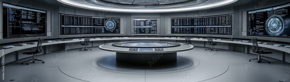 Poster a futuristic ai system displaying market forecast data in a high-tech control room