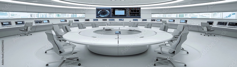 Poster a futuristic ai system displaying market forecast data in a high-tech control room