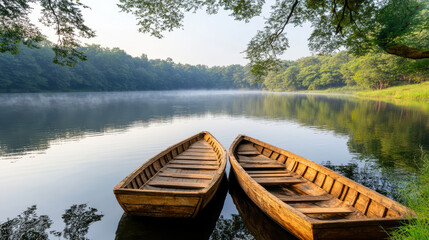 Obraz premium Misty riverbank with old wooden boats reflecting in calm water