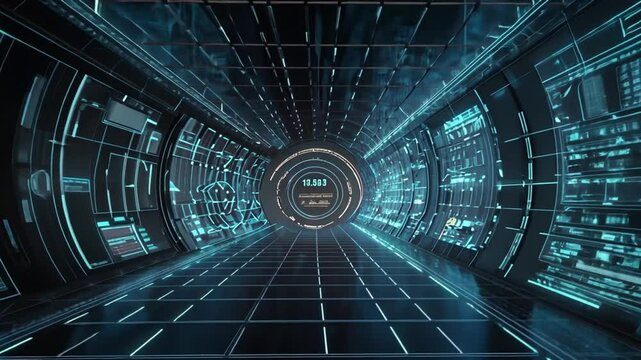 Futuristic digital tunnel, data streams, glowing interface, technology background, website header