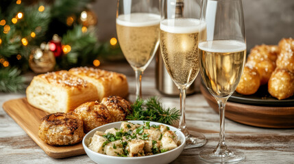 Delicious New Year brunch spread with sparkling drinks and festive food