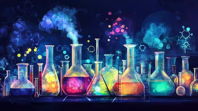 Colorful glassware in a laboratory, filled with vibrant liquids and smoke.