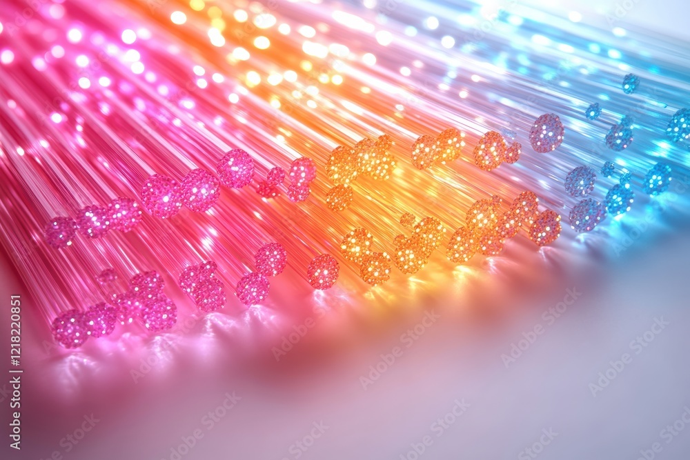 Poster a vibrant close-up of colorful fiber optic cables, showcasing glowing light patterns. perfect for vi