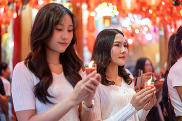 Two young Women praying with red candle in Chinese temple