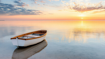peaceful ocean scene with small fishing boat at sunset