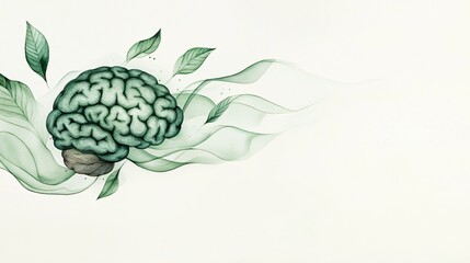 Fototapeta premium Brain in Bloom: An abstract illustration depicting a human brain enveloped by delicate green leaves and flowing tendrils, symbolizing the interconnectedness of intellect, nature, and growth.