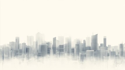 Hazy cityscape skyline, modern buildings in fog.