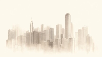 Naklejka premium Hazy sepia-toned cityscape; skyscrapers emerge from fog.