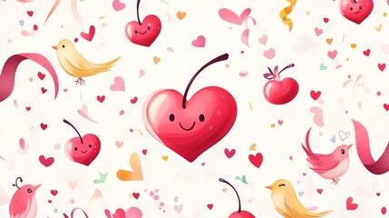 18.A fun and lively seamless design with heart-shaped cherries, grinning hearts, and cartoon birds, surrounded by swirling ribbons and confetti, perfect for fabric or gift wraps.