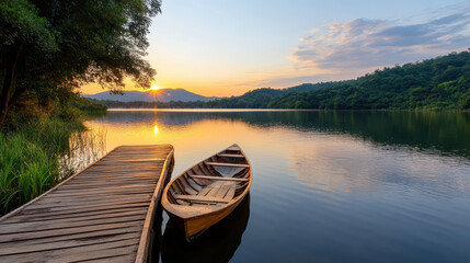 Fototapeta premium serene lake at sunset with wooden boat and dock reflecting nature beauty
