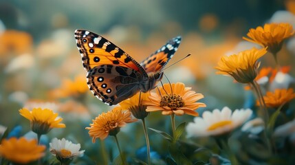 Obraz premium Painted lady butterfly perched on vibrant yellow and white flowers in a garden.