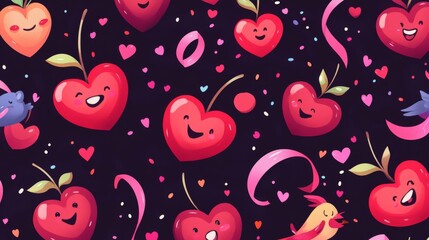 18.A fun and lively seamless design with heart-shaped cherries, grinning hearts, and cartoon birds, surrounded by swirling ribbons and confetti, perfect for fabric or gift wraps.