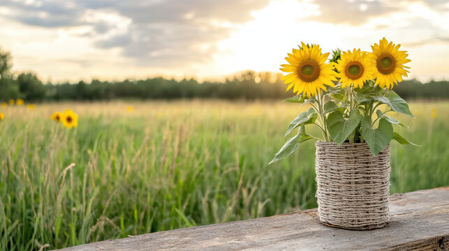 Bright sunflowers in woven pot against sunset field backdrop