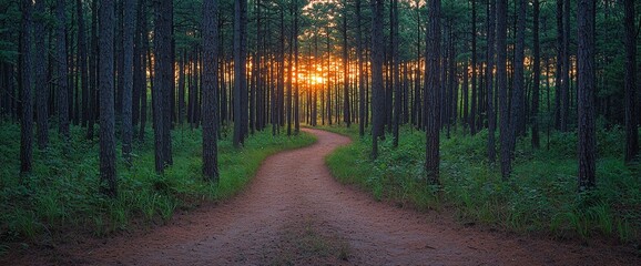 Sunset path winding through a pine forest.