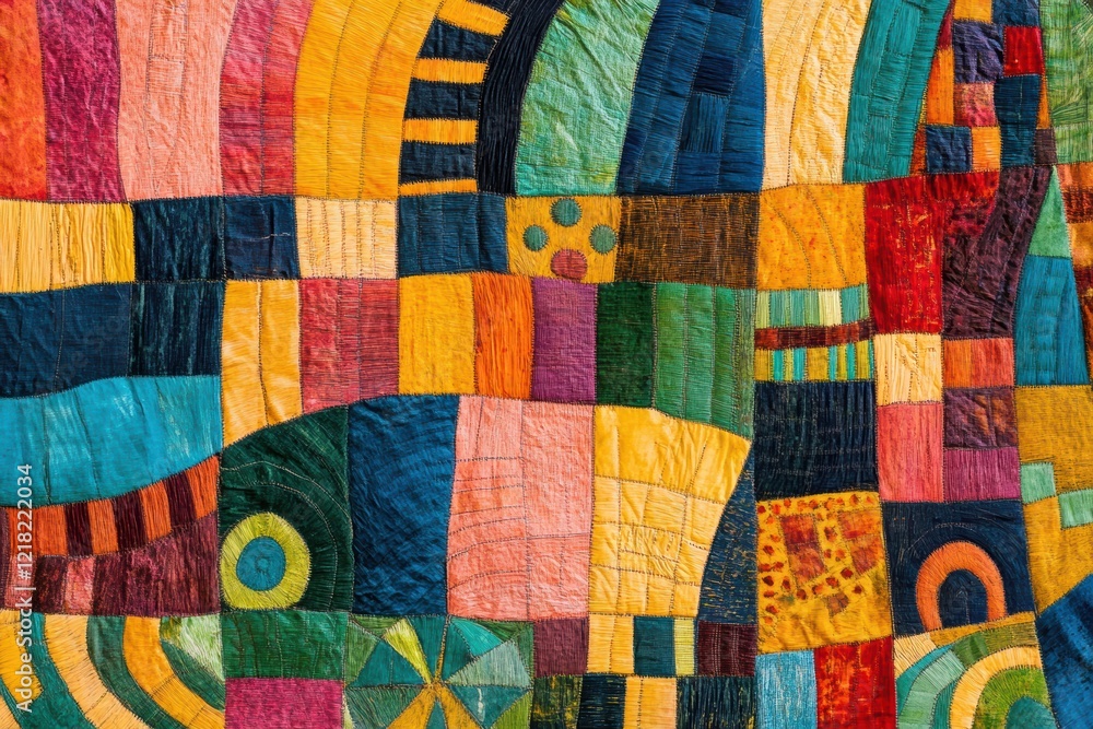 Poster a vibrant quilt showcasing a colorful patchwork of patterns and textures, perfect for artistic and d