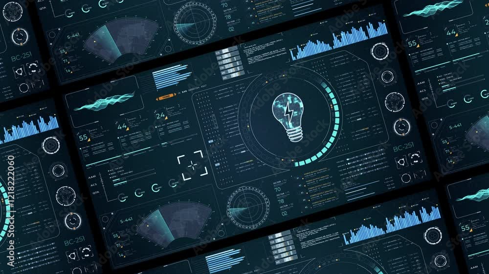 Poster motion graphic of blue digital lamp logo with head up display (hud ui) panel and futuristic technolo