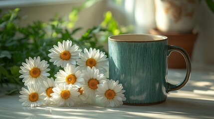 Serene Morning Chamomile Tea and Sunlit Daisies