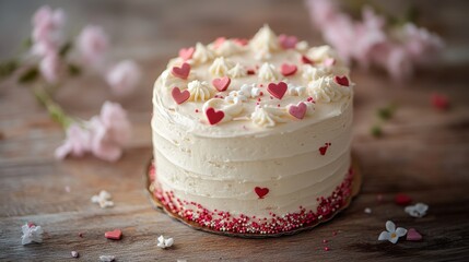 47.A lovingly crafted Valentine's cake featuring a minimalist design with white frosting, heart sprinkles, and a few delicate blossoms on a vintage wooden table.