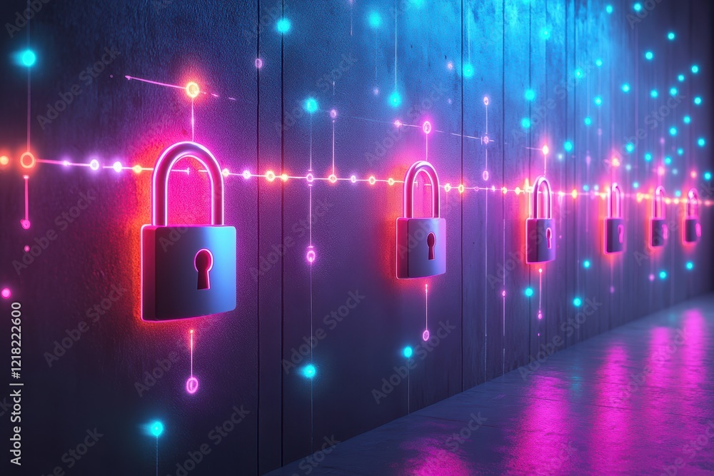 Poster A vivid representation of digital security featuring illuminated padlocks against a futuristic background. Emphasizes the importance of cybersecurity.