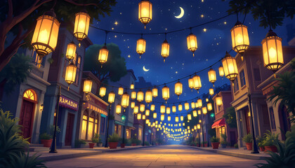 Obraz premium Festive Ramadan Night Street Scene Illuminated By Lanterns