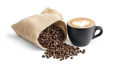 Fototapeta premium 105.A minimalist banner design with a centered mug of black coffee, its heart-shaped foam glowing warmly, next to a small heap of coffee beans cascading from an open burlap bag on a clean white